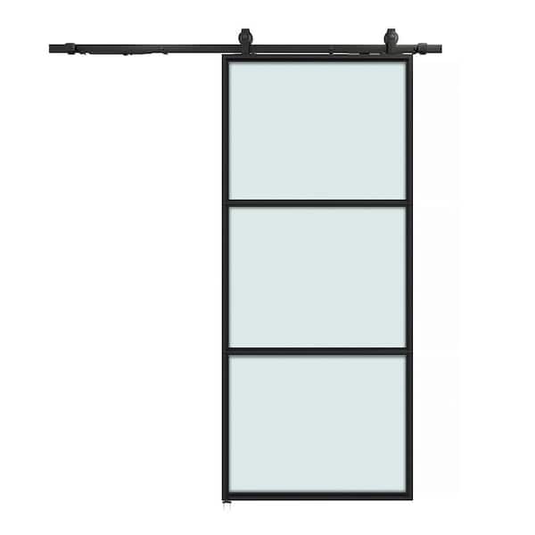 Nivencai 36 in. x 84 in. 3-Lite Frosted Glass Black Steel Frame Interior Sliding Barn Door with Hardware Kit