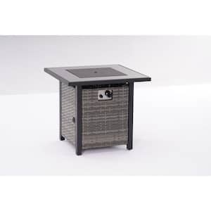 28 in. 50000 BTU Square Grey Wicker Fire Pit Table Patio Propane Gas with Tempered Glass Tabletop and Clear Glass Rocks