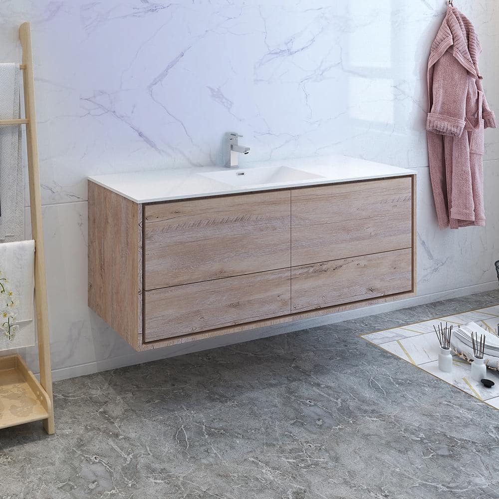 Transitional Wall-Mounted 59'' Solid Wood Off-White Vanity with Acrylic Top