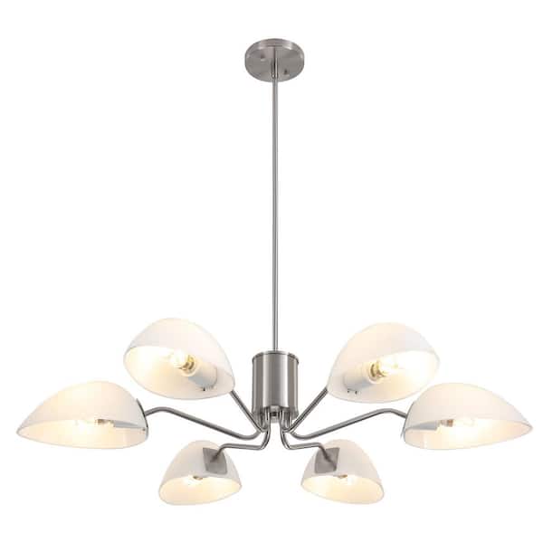 6-Light Nickel Hanging Linear Island Chandelier Lighting Fixture with Glass Shade for Kitchen Island