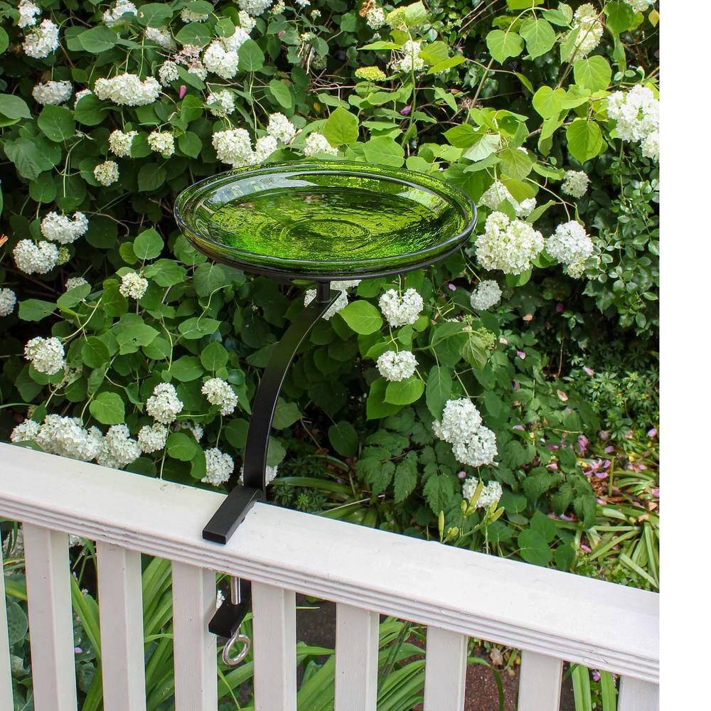 Fern Green Crackle Glass Birdbath with Rail Mount Bracket