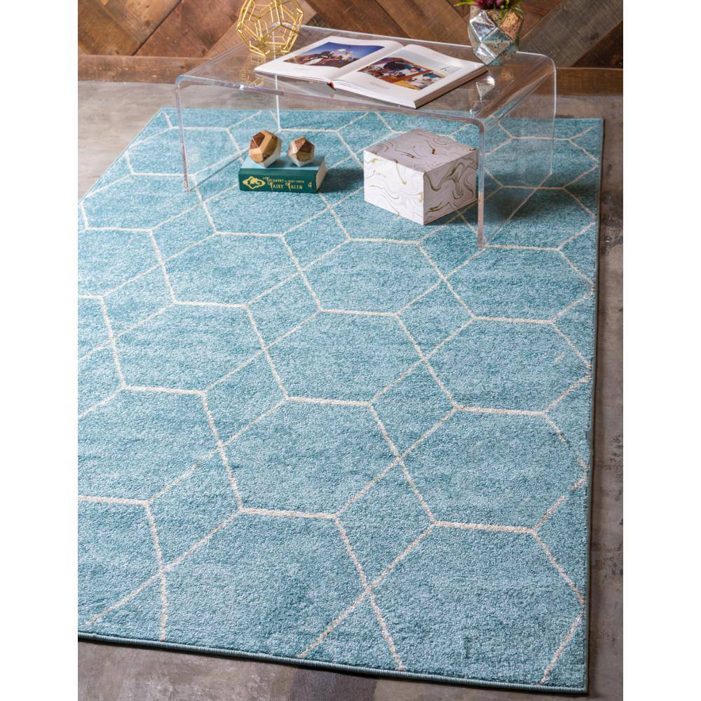 Light Blue Trellis Frieze Easy-Care Rectangular Area Rug