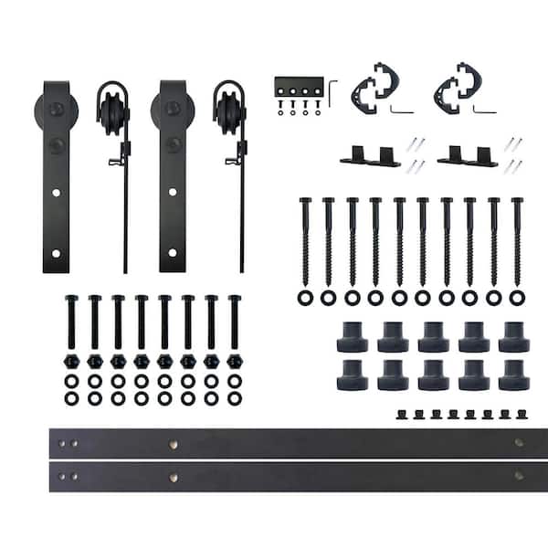 HOMACER 13 ft./156 in. Black Rustic Non-Bypass Sliding Barn Door Track and Hardware Kit for Double Doors