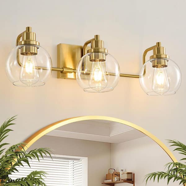 25.19 in. 3 Light Modern Gold Vanity Light with Clear Glass Globe Shades Bathroom Vanity Light Powder Room Lighting