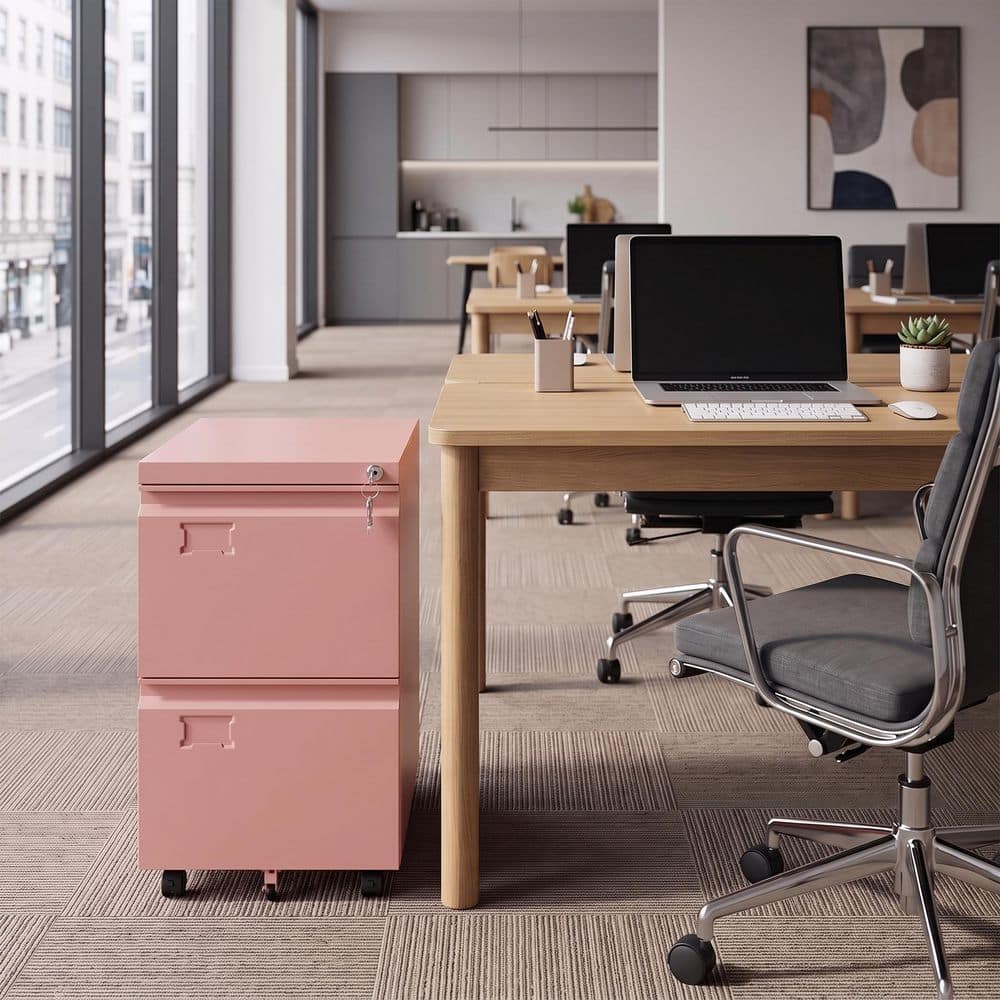 2-Drawer Pink Metal 14.57 in. W Vertical File Cabinet Storage Cabinet with Locker for Office Home