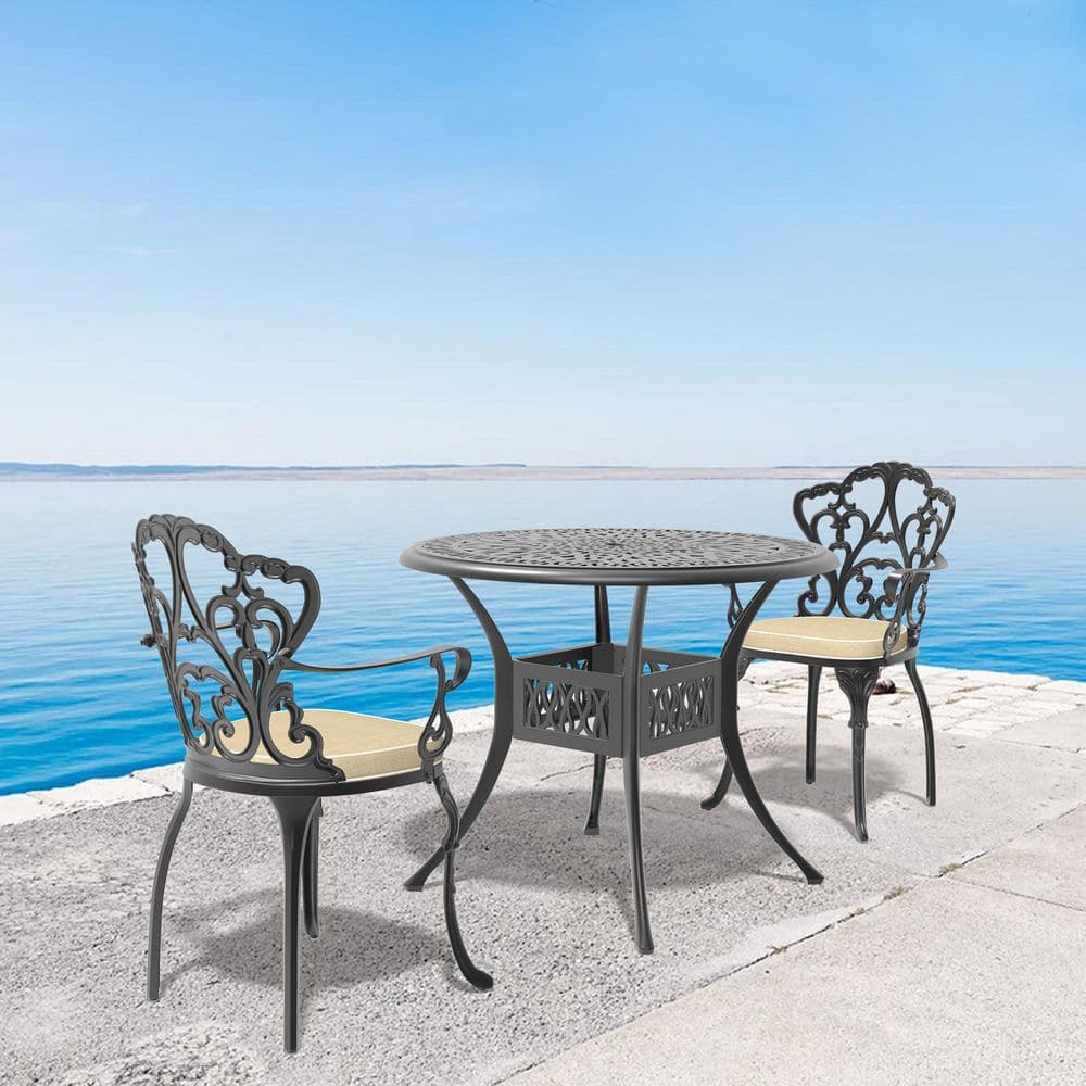 Black 3-Piece Cast Aluminum Round Outdoor Dining Set with Beige All-Weather Cushions Durable Construction price history on PriceWatchPro