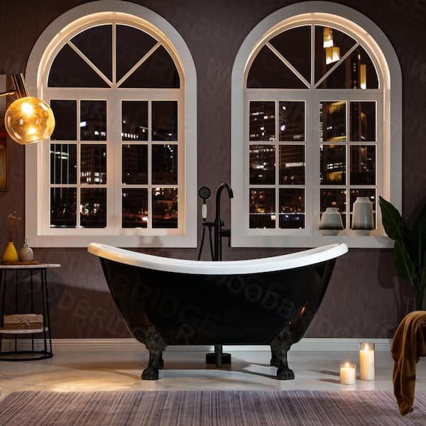 Eurek 59" Heavy Duty Acrylic Double Slipper Clawfoot Bath Tub in Black,Claw Feet,Drain and Overflow in Oil Rubbed Bronze