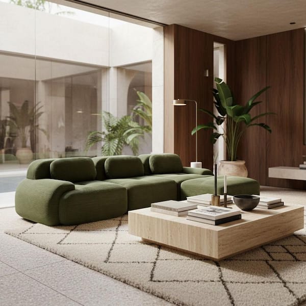 SMZO 117.3 in. Rolled Arm 3-Piece Corduroy Modular Sectional Sofa in. Sage Green with Ottoman, and Flexible Layout