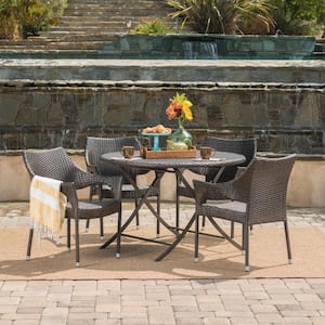Faith Multi-Brown 5-Piece Faux Rattan Round Outdoor Patio Dining Set with Foldable Table and Stacking Chairs