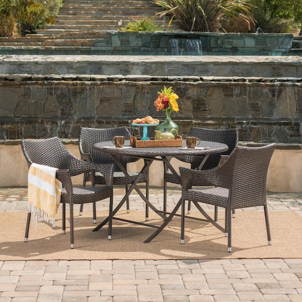 Noble House Faith Multi-Brown 5-Piece Faux Rattan Round Outdoor Dining Set with Foldable Table and Stacking Chairs