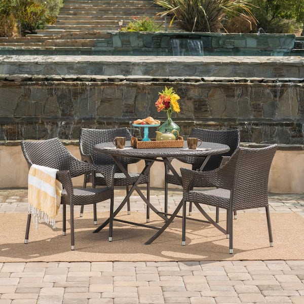 Noble House Faith Multi-Brown 5-Piece Faux Rattan Round Outdoor Patio Dining Set with Foldable Table and Stacking Chairs