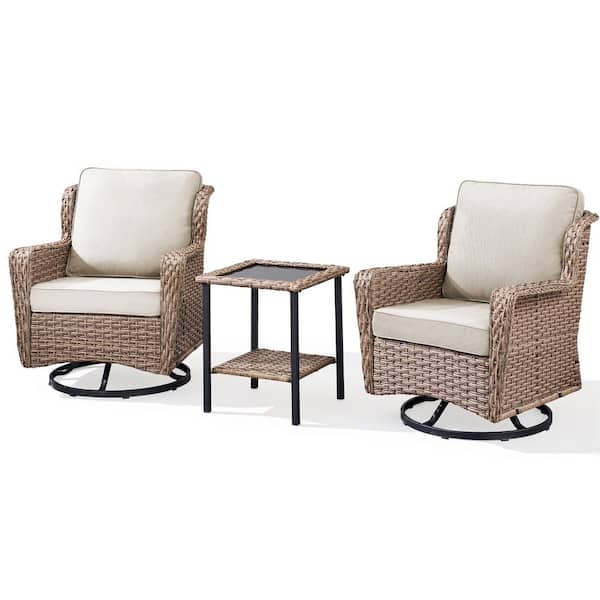 3-Piece Patio Brown Wicker Outdoor Rocking Chair Set with Beige Cushions