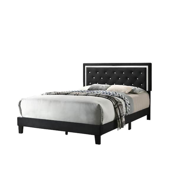 Best Quality Furniture Kim Black Velvet Upholstered Panel Full Bed Frame with Faux Crystals on Headboard