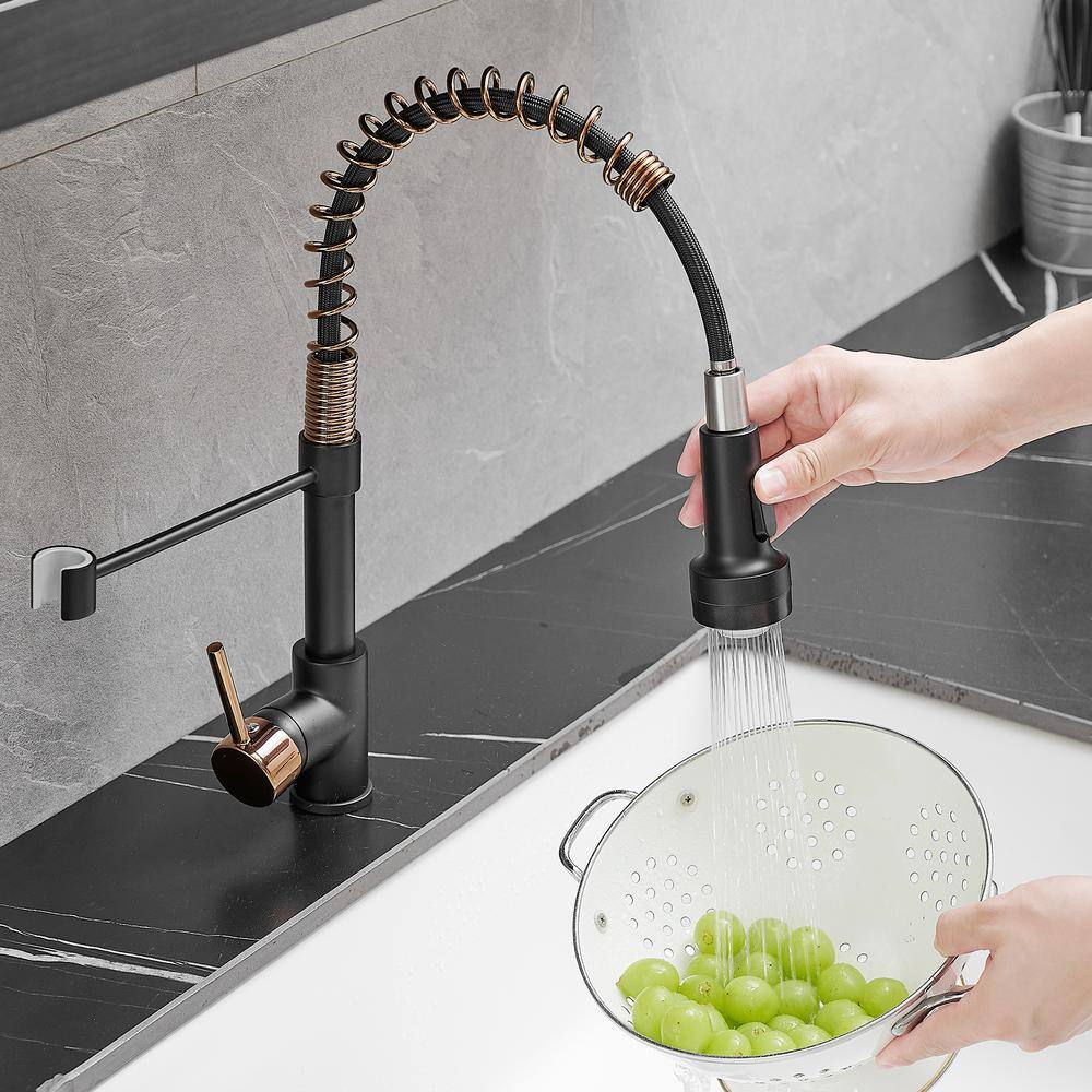 Matte Black and Rose Gold Pull Down Kitchen Faucet with LED Light