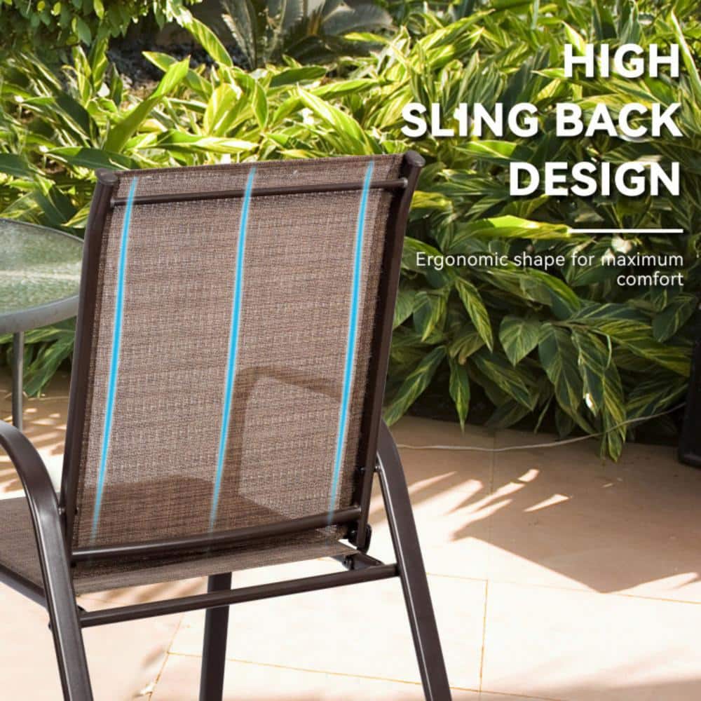 Brown Steel Frame Outdoor Dining Chairs with Armrests, Set of 2