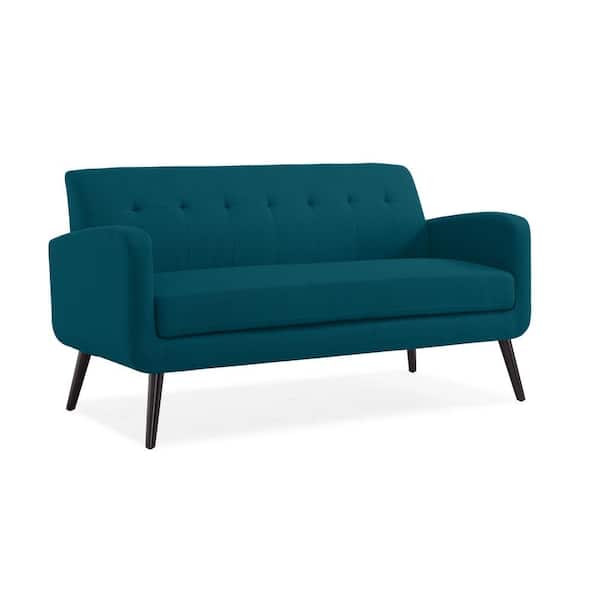 Handy Living Werner Mid Century Modern Sofa in Peacock Blue Linen with Dark Espresso Legs