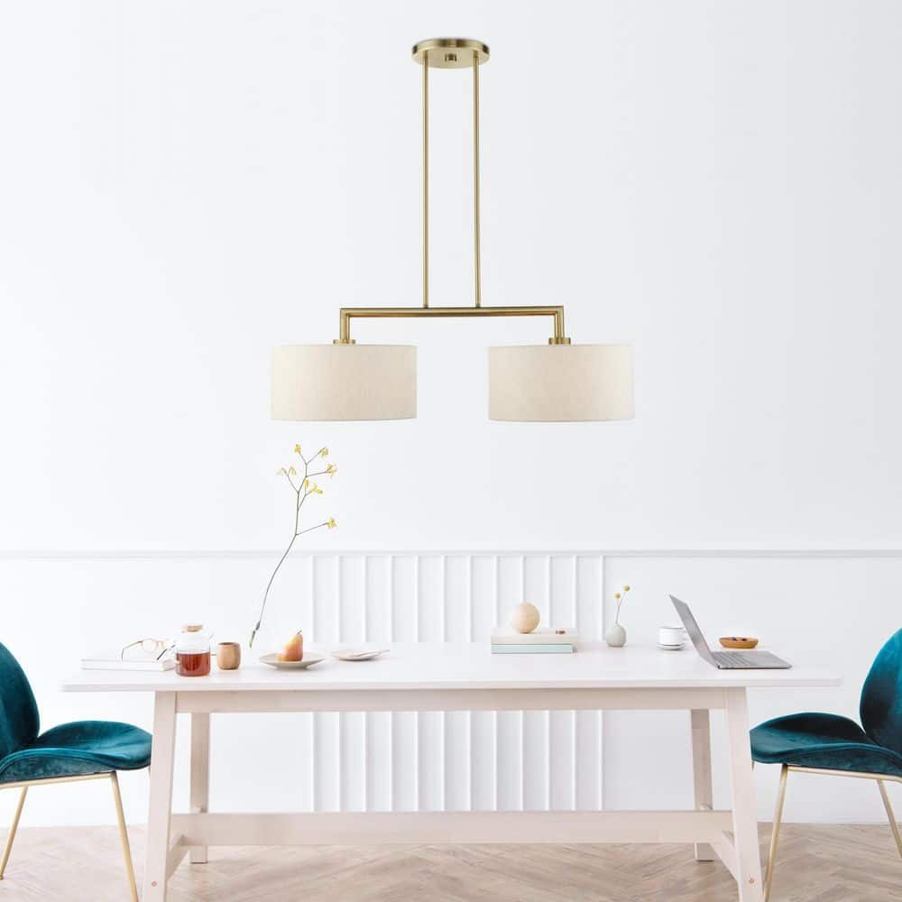 Antique Brass Dual-Light Linear Chandelier with Oatmeal Shades