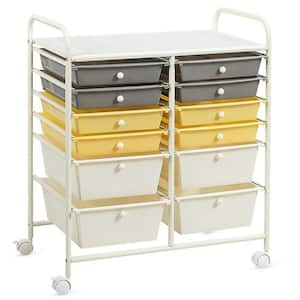 12 Plastic Drawers Rolling Cart Storage Organizer Bins with Four wheels in Yellow
