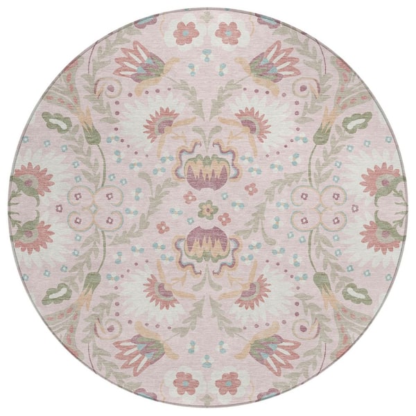 Chantille Machine Washable Indoor/Outdoor Abstract ACN3049 Pink 8 ft. x 8 ft. Round Rug