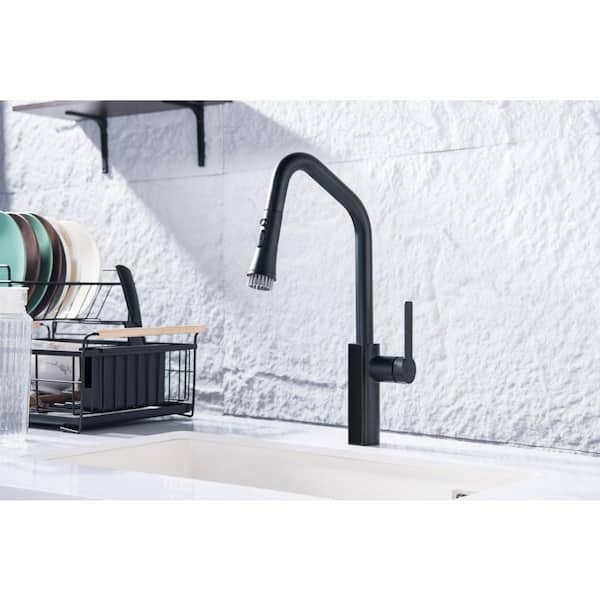 1-Handle 21 in. H Pull Down Sprayer Kitchen Faucet 3-Spray Fixed Sink Faucet with Digital Display in Matte Black