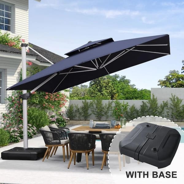 12 ft. Square High-Quality Aluminum Cantilever Polyester Outdoor Patio Umbrella with Stand, Navy Blue