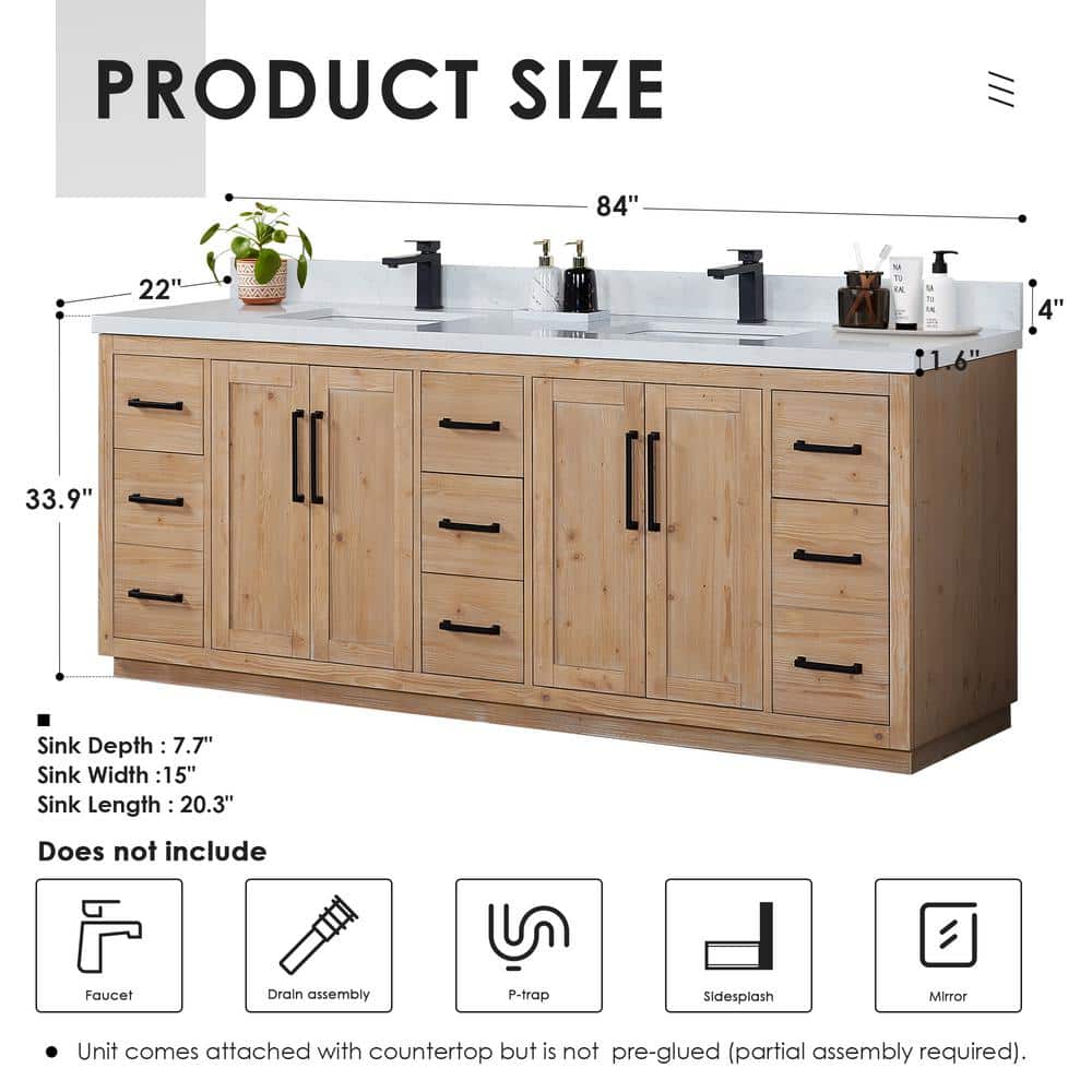 Cicero 84" Light Brown Fir Wood Vanity with White Stone Top