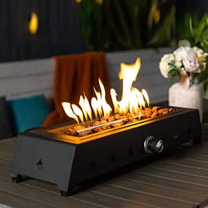 28 in. Black Rectangle Steel Propane Tabletop Fire Pit Table with Glass Wind Guard, Lava Rock, Quick Connect Joint