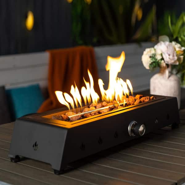 Tenleaf 28 in. Black Rectangle Steel Propane Tabletop Fire Pit Table with Glass Wind Guard, Lava Rock, Quick Connect Joint