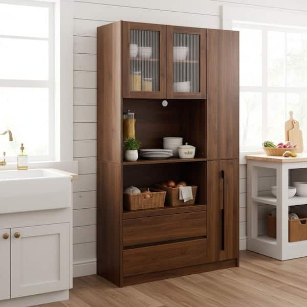 RUNGH Walnut Brown MDF Buffet with Glass Doors, Adjustable Shelves, Drawers and Open Storage for Dining Room and Kitchen
