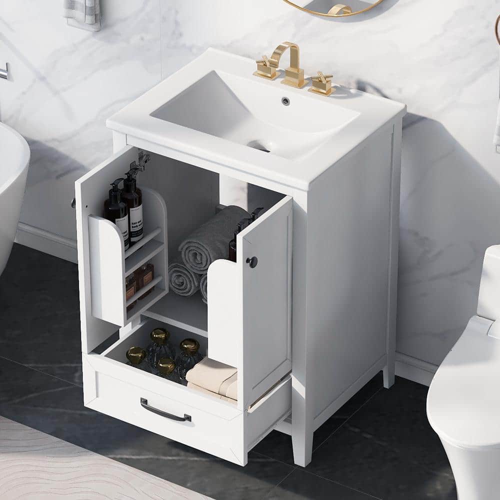 24" White Freestanding Bathroom Vanity with Ceramic Top and Drawer