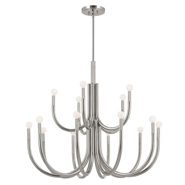 KICHLER Odensa 40 in. 15-Light Polished Nickel Modern Candle Tiered Chandelier for Dining Room