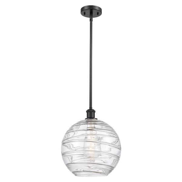 Athens Deco Swirl 1-Light Matte Black, Clear Deco Swirl Shaded Pendant Light with Clear Deco Swirl Glass Shade