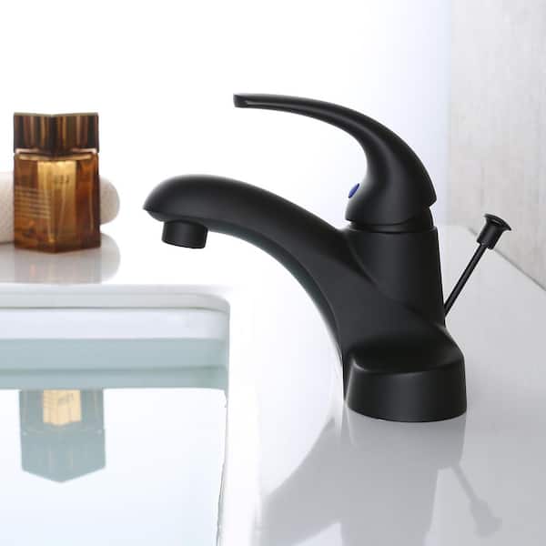 Durable 4 in. Centerset Single Handle Mid Arc Bathroom Faucet with Lift Rod Drain and Supply Lines in Matte Black