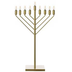 Large Modern Antique Gold Nine Branch Electric Chabad Style Hanukkah Menorah with Flame Shaped LED Bulbs