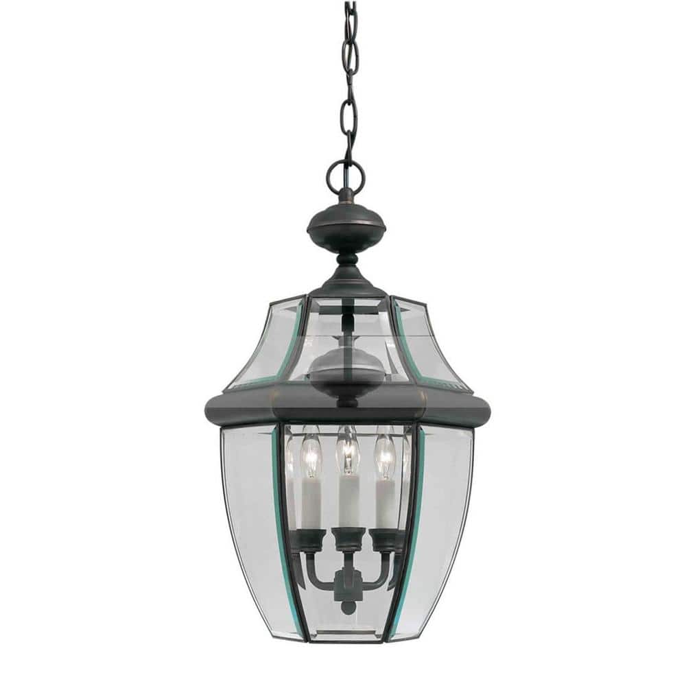 3-Light Outdoor Royal Bronze Pendant with Clear Beveled Glass Panels