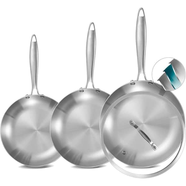 Tri-Ply Stainless Steel Frying Pan Set 3-Piece Silver with Riveted Handle Induction Oven Safe Skillets Set with Lid