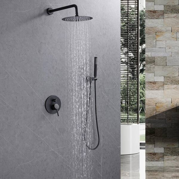 2-Spray Patterns 1.8 GPM 10 in. Wall Mount Dual Shower Heads Round Shower Head with Hand Shower in Matte Black