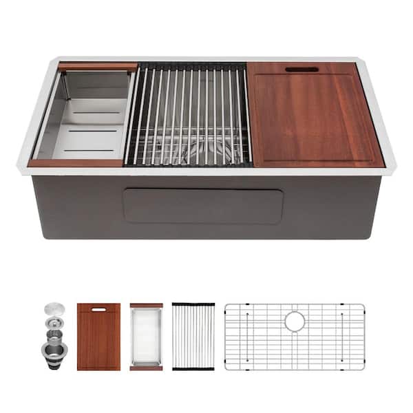 33 in. Undermount Workstation Single Bowl 16-Gauge Stainless Steel Kitchen Sink with Ledge Rail, 10 in. Deep