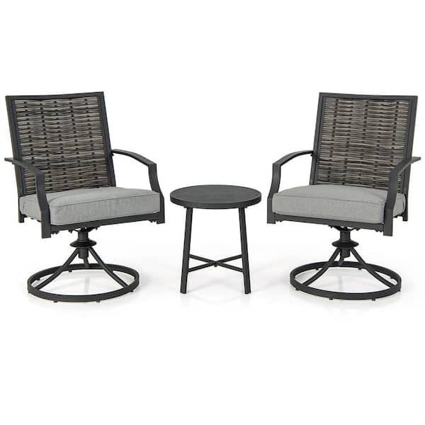 Costway 3 PCS Wicker Patio Conversation Set Swivel Chair Set Coffee Table Balcony Porch with Gray Cushion