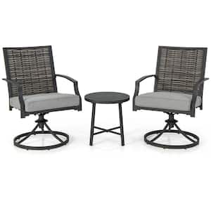 3 PCS Wicker Patio Conversation Set Swivel Chair Set Coffee Table Balcony Porch with Gray Cushion