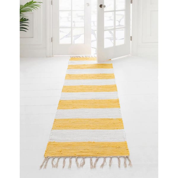 Chindi Rag Striped Yellow and Ivory 2' 7 x 12' 0 Area Rug