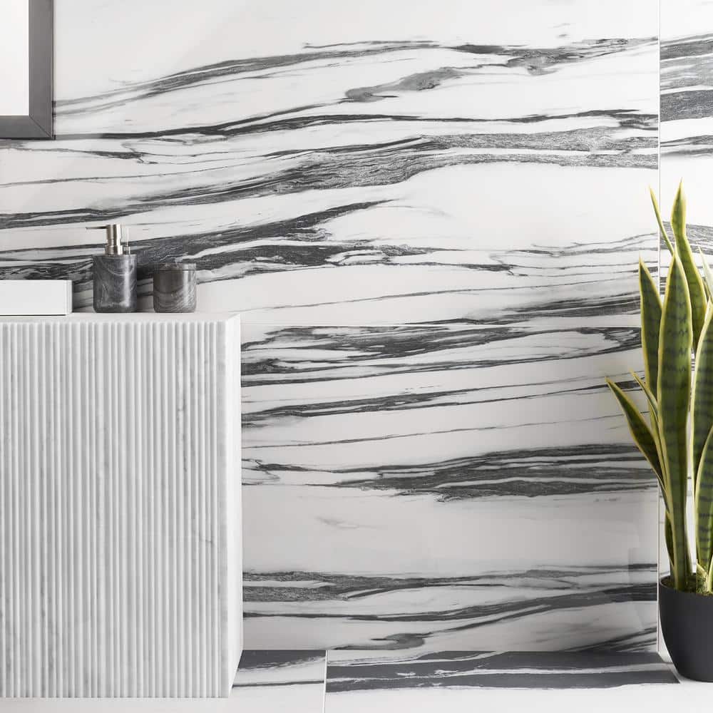 Ink Collection 24x48 Polished Black & White Marble Look Porcelain Tile