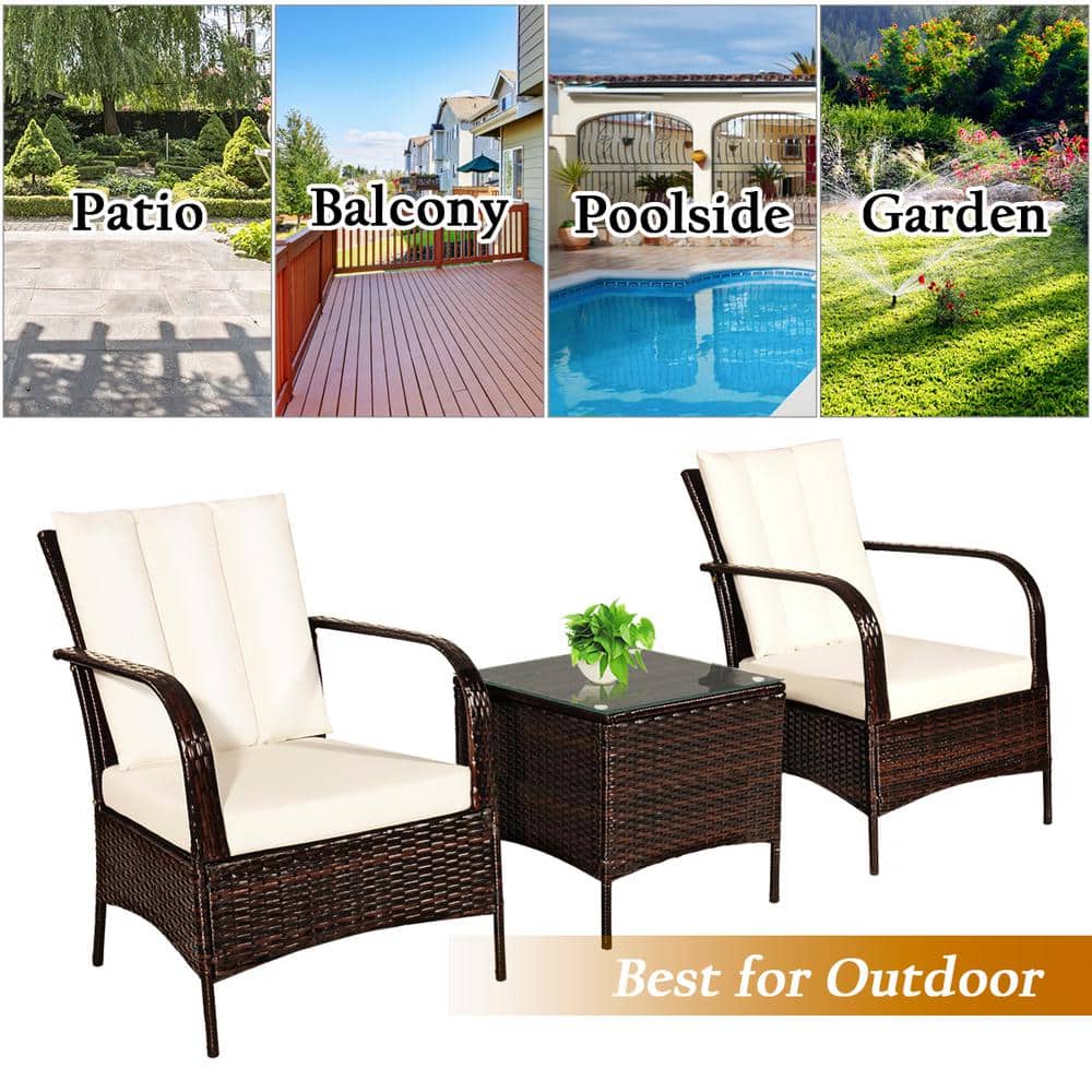 3-Piece Beige Rattan Patio Set with Cushions and Glass Table
