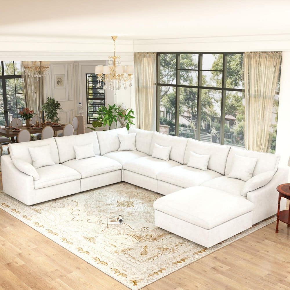 155.9 in. Square Arm 7-Piece Linen Down Modular Free Combination Sectional Sofa with Ottoman, Removable Covers in White