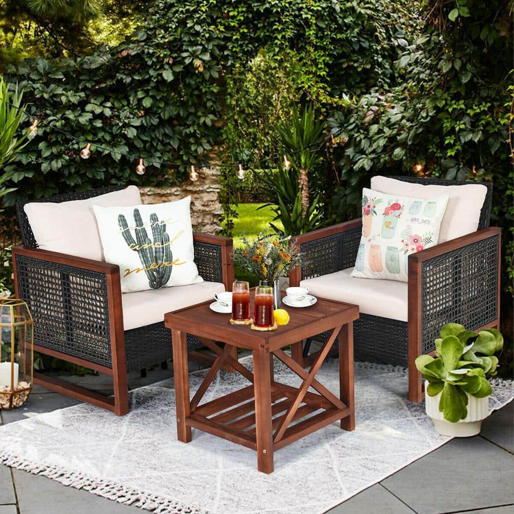 Outdoor 3 Pieces Acacia Wood And Rattan Patio Furniture Set with Coffee Tab