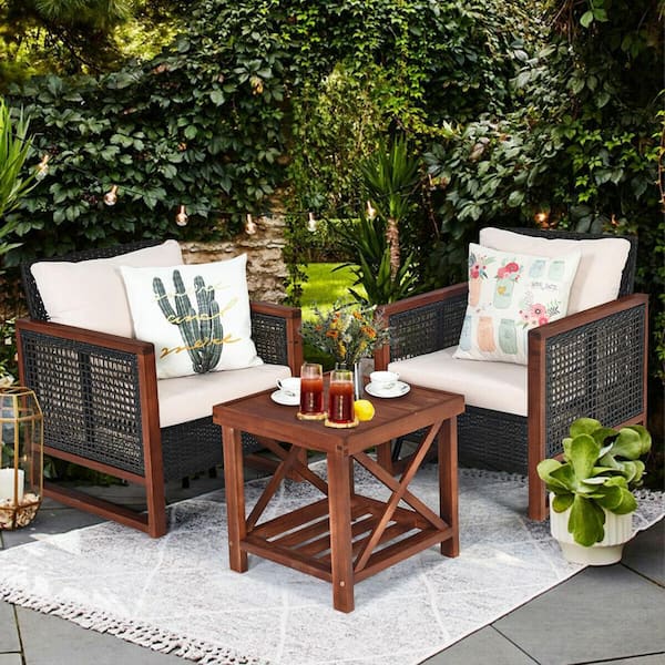 Unbranded Outdoor 3 Pieces Acacia Wood And Rattan Patio Furniture Set with Coffee Table And Beige Cushions