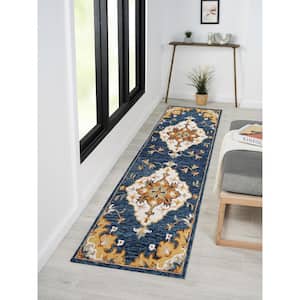 Bella Blue/Yellow 2 ft. 3 in. x 6 ft. 9 in. Eclectic Hand-Tufted Floral 100% Wool Runner Area Rug
