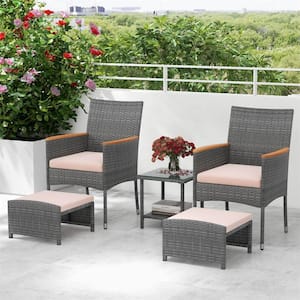 5-Piece Wicker Patio Conversation Set with Beige Cushions Ottomans and Tempered Glass Top Table