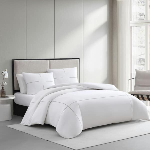 VERA WANG Zig Zag 3-Piece White and Gray Cotton King Duvet Cover