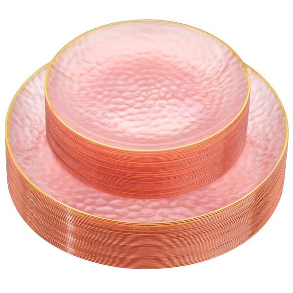 60 Piece Clear Pink Plastic Plates with Gold Rim, Heavy Duty Hammered Disposable Round Plates for Wedding, Party